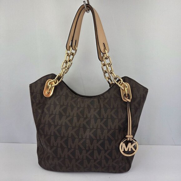 Michael Kors Chain Shoulder Tote Dark Brown MK Logo Print - Picture 1 of 14